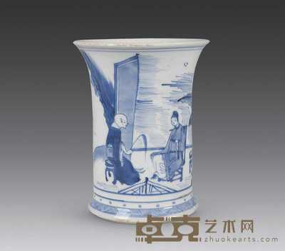 清康熙 青花人物笔筒 高14cm
